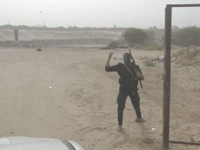 This image from video posted to social media by Hamas on Sept. 12, 2023 shows a live-fire exercise dubbed operation “Strong Pillar” outside Al-Mawasi, a Palestinian town on the southern coast of the Gaza Strip.