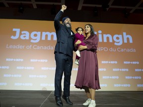 NDP Leader Jagmeet Singh is joined on stage by his wife, Gurkiran Kaur Sidhu and their daughter, Anhad Kaur following his Leadership Showcase at the NDP Convention in Hamilton, Ont. Saturday, Oct. 14, 2023.