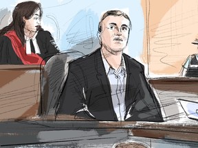 Justice Renee Pomerance, left, and Nathaniel Veltman attend court during Veltman's trial in Windsor, Ont., as shown in this Thursday, Oct. 12, 2023 courtroom sketch.