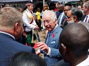 King Charles is seen during a visit to the Eastlands Library in Nairobi on October 31, 2023.