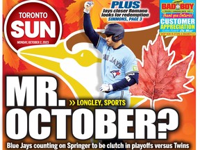 The front page for the Monday, Oct. 2, 2023, edition of the Toronto Sun.
