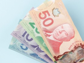 Canadian currency is pictured in this stock image