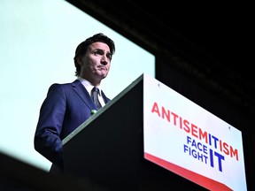 Prime Minister Justin Trudeau speaks during the Antisemitism: Face It, Fight It conference in Ottawa on Tuesday, Oct. 17, 2023.