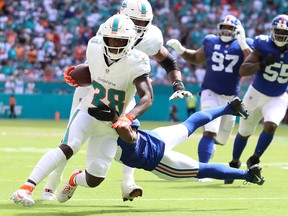 De'Von Achane of the Miami Dolphins runs the ball against the New York Giants during the second quarter at Hard Rock Stadium on Oct. 8, 2023 in Miami Gardens, Fla.