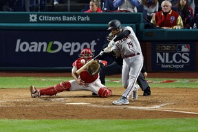 Former Blue Jays catcher Gabriel Moreno has been coming up with clutch hits in the playoffs with the Arizona Diamondbacks. GETTY IMAGES
