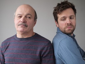 Mature caucasian man and son are offended on each other.