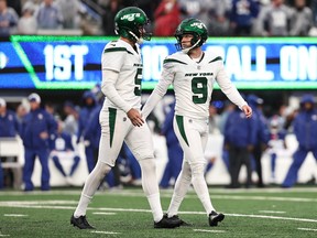 Greg Zuerlein of the New York Jets looks on during the second half against the New York Giants at MetLife Stadium on Oct. 29, 2023 in East Rutherford, N.J.