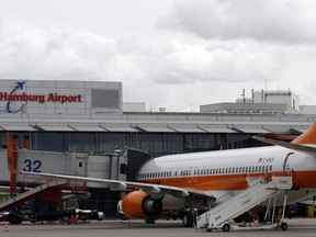 An aircraft stands at Hamburg airport