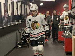 Chicago Blackhawks rookie Conor Bedard takes his first walk down the hallway at Scotiabank Arena on Monday, October 16, 2023.