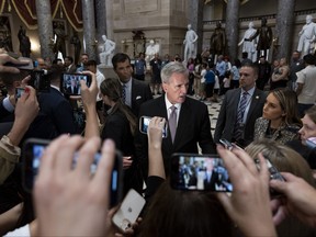 U.S. Speaker of the House Kevin McCarthy (R-CA) talks to reporters inside the U.S. Capitol Building on Oct. 2, 2023 in Washington, D.C.