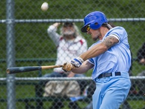 Toronto Maple Leafs' Marcus Knecht at bat during Intercounty Baseball League action against the London Majors at Christie Pits park in Toronto, Sept. 26, 2021.