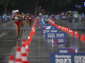 Peru's Gabriela Kimberly Garcia competes in the women's 20 km race walk final at the Pan American Games in Santiago, Chile, Sunday, Oct. 29, 2023.