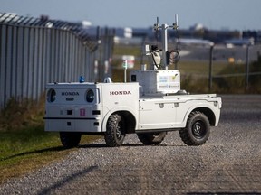 The Greater Toronto Airports Authority demonstrates a prototype of the Honda autonomous work vehicle outside Toronto Pearson International Airport, Tuesday, Oct. 17, 2023.
