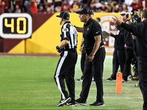 Head coach Ron Rivera of the Washington Commanders reacts to a call during the fourth quarter against the Chicago Bears at FedExField on Oct. 5, 2023 in Landover, Md.