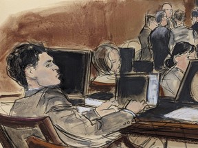 In this courtroom sketch, FTX founder Sam Bankman-Fried, foreground, sits at the defence table while Judge Lewis Kaplan and attorneys discuss final jury selection in his trial, Wednesday, Oct. 4, 2023, in New York.