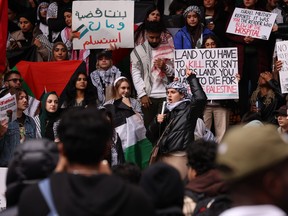 Hundreds of pro-Palestine supporters held a rally on the steps of the TMU (formerly Ryerson) Student Learning Centre at Gould and Yonge Sts. on Friday, Oct. 20, 2023.