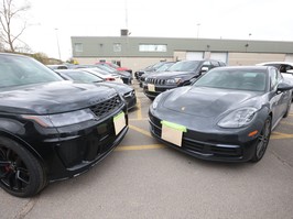 Toronto Police Project Stallion targeted car thieves in the northwest part of Toronto seizing 556 stolen high-end vehicles - totalling $27 million - arresting 119 people between Nov. 2022 to April 2023. Some of those stolen vehicles were on display at a Toronto Police impound yard on Wednesday, April 26, 2023.