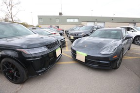 Toronto Police Project Stallion targeted car thieves in the northwest part of Toronto seizing 556 stolen high-end vehicles - totalling $27 million - arresting 119 people between Nov. 2022 to April 2023. Some of those stolen vehicles were on display at a Toronto Police impound yard on Wednesday, April 26, 2023.