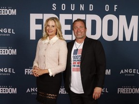 Tim Ballard, right, seen here with actress Mira Sorvino, attend the premiere of "Sound of Freedom" in Vineyard, Utah, June 28, 2023.