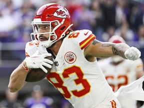 Travis Kelce of the Kansas City Chiefs catches a pass during the second quarter against the Minnesota Vikings at U.S. Bank Stadium on Oct. 8, 2023 in Minneapolis.