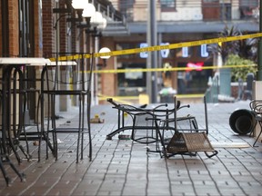 The street is closed off as the Tampa Police Department and the Hillsborough County Sheriff's Office investigates a fatal shooting in the Ybor City neighbourhood on Oct. 29, 2023 in Tampa, Fla.