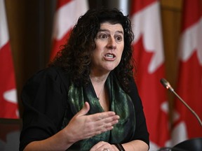 Auditor General of Canada Karen Hogan participates in a news conference in Ottawa, on Monday, March 27, 2023.