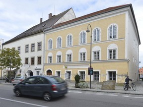FILE - An exterior view of Adolf Hitler's birth house, front, in Braunau am Inn, Austria, on Sept. 27, 2012. Work started Monday Oct. 2, 2023 on turning the house where Adolf Hitler was born in 1889 into a police station, a project meant to make it unattractive as a site of pilgrimage for people who glorify the Nazi dictator.