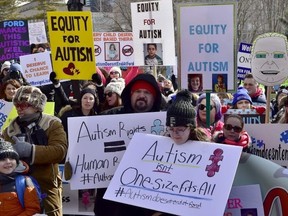 Hundreds of parents, therapists and union members gathered outside Queen's Park on March 7, 2019 to protest the provincial government's changes to Ontario's autism program.