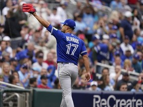 Five members of the Toronto Blue Jays have been named finalists for American League Gold Glove Awards. Pitcher Jose Berrios, catcher Alejandro Kirk, third baseman Matt Chapman, left-fielder Daulton Varsho and centre-fielder Kevin Kiermaier were among the three finalists at each of their respective positions. Berrios gestures as he walks to the dugout during a pitching change in the fourth inning of Game 2 of an AL wild-card baseball playoff series against the Minnesota Twins.
