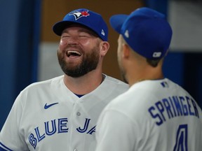 Blue Jays manager John Schneider was thrown a curveball Wednesday when his pre-game media availability was interrupted by a countrywide test of the emergency alert system.&ampnbsp;Schneider (left) shares a laugh with right fielder George Springer before American League MLB baseball action against the Houston Astros, in Toronto on Thursday, June 8, 2023.