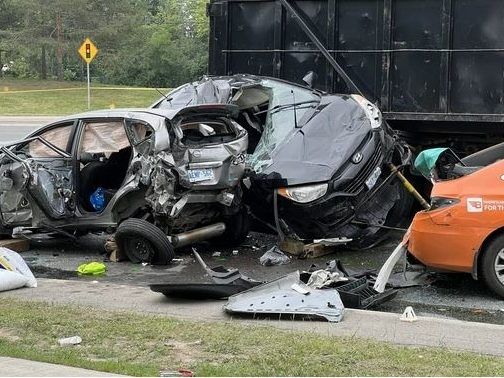 The aftermath of a multi-vehicle crash on Derry Rd., just west of Rexwood Rd., in Mississauga on Thursday, June 8, 2023. 