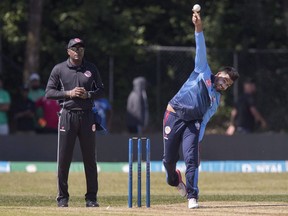 Canada needed just 12 overs to dismiss the Cayman Islands for 30 runs en route to a commanding 166-run victory Wednesday at the ICC Men's T20 World Cup Americas Qualifier. Nikhil Dutta, seen here bowling in a 2018 Global T-20 Canada Cricket match in King City, Ont., helped Canada to victory in Bermuda.