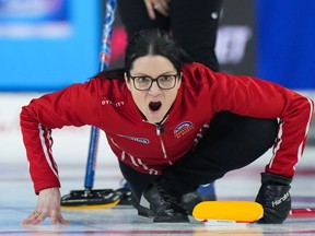 Team Canada skip Kerri Einarson calls out to the sweepers while playing Nova Scotia in the playoffs at the Scotties Tournament of Hearts, in Kamloops, B.C., on Saturday, February 25, 2023.