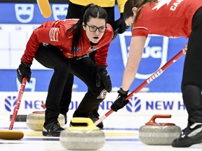 Canada's Kerri Einarson in action during the bronze medal match between Canada and Sweden of the LGT World Women's Curling Championship at Goransson Arena in Sandviken, Sweden, Sunday, March 26, 2023.