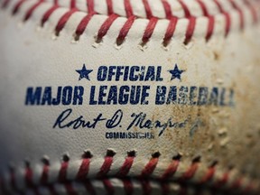 A logo is seen on a Major League baseball