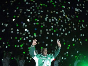 Saskatchewan Roughriders great George Reed addresses the crowd following the last ever game at Mosaic Stadium in Regina on Saturday, Oct. 29, 2016.