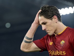 Roma's Nicolo' Zaniolo looks on during the match between AS Roma and Genoa at the Olimpic Stadium in Rome, Italy, Jan. 12, 2023. Premier League players Sandro Tonali and Nicolò Zaniolo were sent back to their clubs from Italy's training camp on Thursday, Oct. 12, 2023 after being notified by police of involvement in a betting investigation.