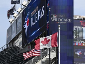 The Jumbotron is seen prior to Game 1 of the Wild Card Series between the Toronto Blue Jays and the Minnesota Twins at Target Field on Oct. 03, 2023 in Minneapolis, Minn.