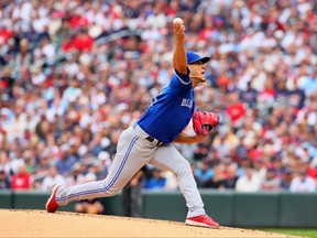 Blue Jays starting pitcher Jose Berrios delivers against the Minnesota Twins during the first inning in Game 2 of the wild-card series at Target Field on Oct. 04, 2023 in Minneapolis.