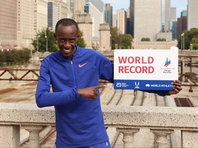Kelvin Kiptum of Kenya poses for a portrait after setting a world record marathon time