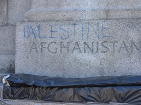Someone defaced the 48th Highlanders Regimental Memorial at the north end of Queen's Park by scrawling the word "Palestine" on it. The memorial is pictured on Oct. 23, 2023. (Jack Boland,Toronto Sun)
