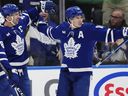 Toronto Maple Leafs' John Tavares, left, celebrates his goal against the Anaheim Ducks with Mitchell Marner last season. 
