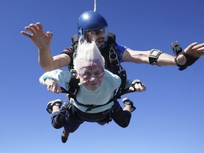 FILE - This photo provided by Daniel Wilsey shows Dorothy Hoffner, 104, falling through the air with tandem jumper Derek Baxter as she becomes the oldest person in the world to skydive, Sunday, Oct. 1, 2023, at Skydive Chicago in Ottawa, Ill. Hoffner, who made a recent skydive jump that could see her certified by Guinness World Records as the oldest person to ever skydive, has died.