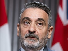 Minister of Municipal Affairs and Housing and Government House Leader Paul Calandra speaks to reporters at Queen's Park in Toronto, on Thursday, Sept. 7, 2023. Ontario's big city mayors are asking Calandra to change the eligibility for a $1.2-billion fund, saying as it stands cities will lose out on much-needed funding for housing infrastructure due to factors out of their control.