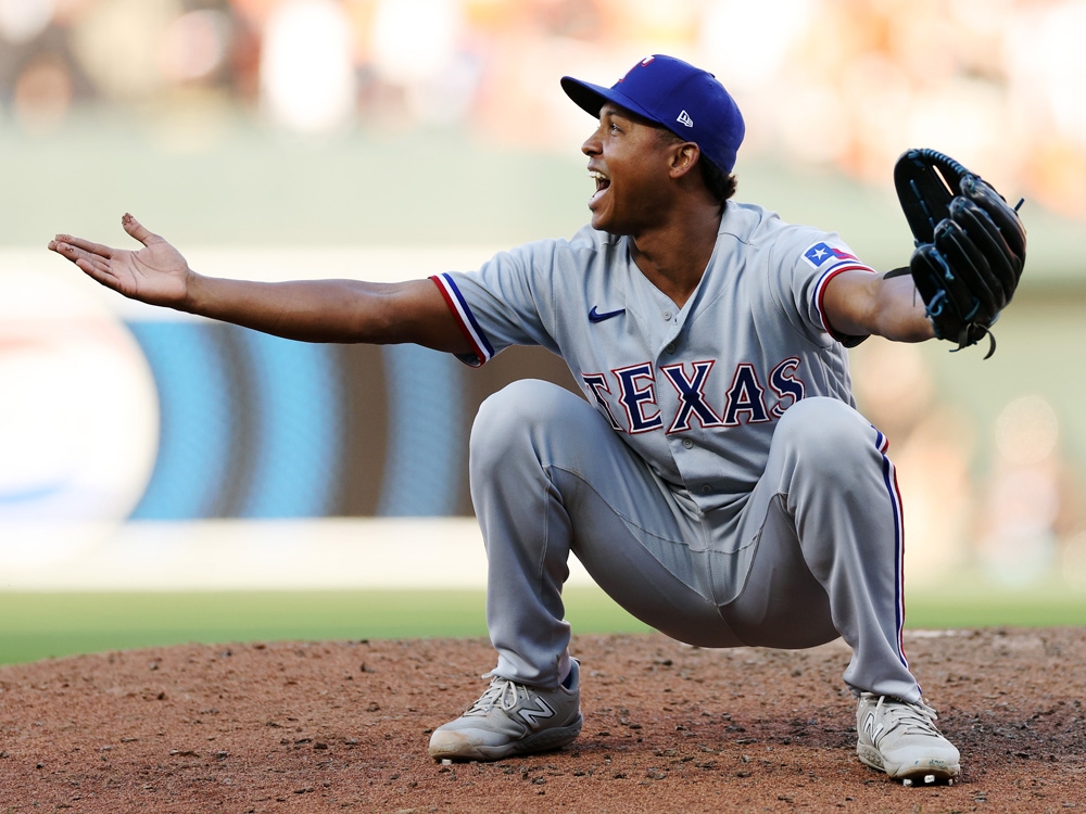 Texas Rangers Pitcher Aroldis Chapman delivers a pitch during the News  Photo - Getty Images
