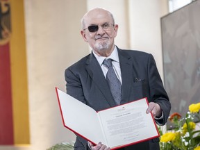 Salman Rushdie receives the 2023 Peace Prize of the German book trade association at Paulskirche church on Oct. 22, 2023 in Frankfurt, Germany.