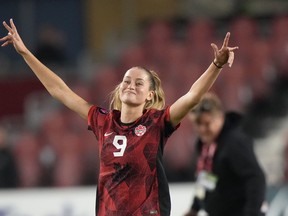 Canada's Jordyn Huitema, 9, celebrates her team's win over Jamaica in CONCACAF women's championship soccer series match in Toronto on Tuesday Sept. 26, 2023.