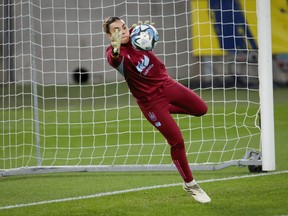 Spain's goalkeeper Misa Rodriguez during a training session of the women national soccer team in Gothenburg, Sweden, ahead of the UEFA Nations League soccer match against Sweden, Thursday, Sept. 21, 2023.