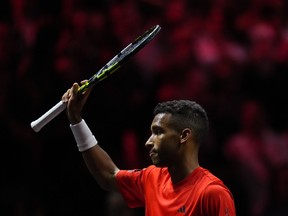 Montreal's Felix Auger-Aliassime acknowledges the crowd after defeating Team Europe's Gael Monfils during a Laver Cup tennis singles match, in Vancouver, Friday, Sept. 22, 2023.