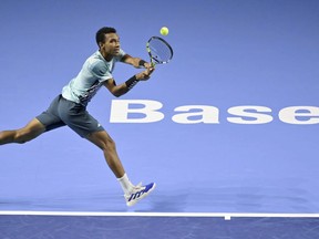 Canada's Felix Auger-Aliassime plays Poland's Hubert Hurkacz during their final match at the Swiss Indoors tennis tournament in Basel, Switzerland, Sunday, Oct. 29, 2023.